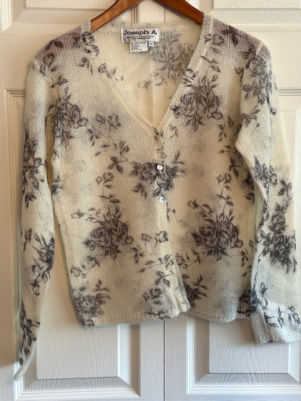 Joseph A Cream Cardigan with Gray Floral Pattern